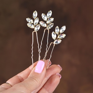 Juego de 3 horquillas de novia con cristales florales, accesorios dorados para el cabello de boda.