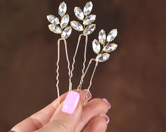Floral Crystal Bridal Hair Pins Set of 3, Gold Wedding Hair Accessories