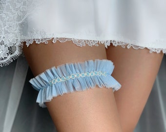 Jarretière de mariage en tulle bleu avec fleurs de marguerite, jarretière florale de jambe de cuisse pour la mariée, jarretière de souvenir de jet, accessoires de femmes, lingerie érotique