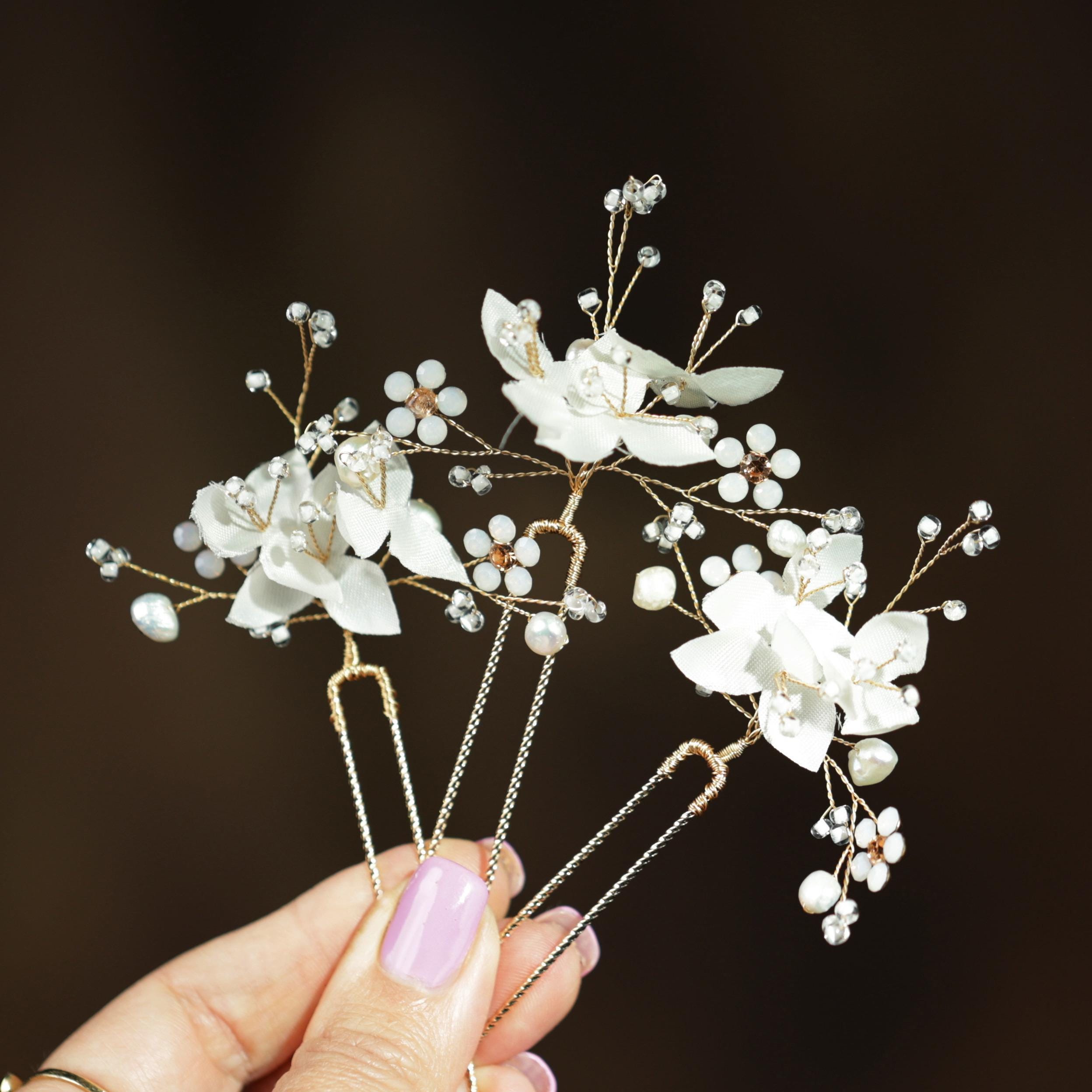 White Flower Pearl Bridal Hair Pins Set of 3, Wedding Updo 