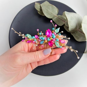 Fuchsia en turquoise kristallen bruidshaarkam: handgemaakt bruiloftshaarstukje