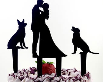 Wedding Cake Topper with Dogs Silhouette - Bride & Groom Pet Lover Topper - Custom Dog Wedding Decor T140