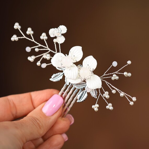 White Porcelain Flower Bridal Comb: Silver Wedding Hair  display picture 1