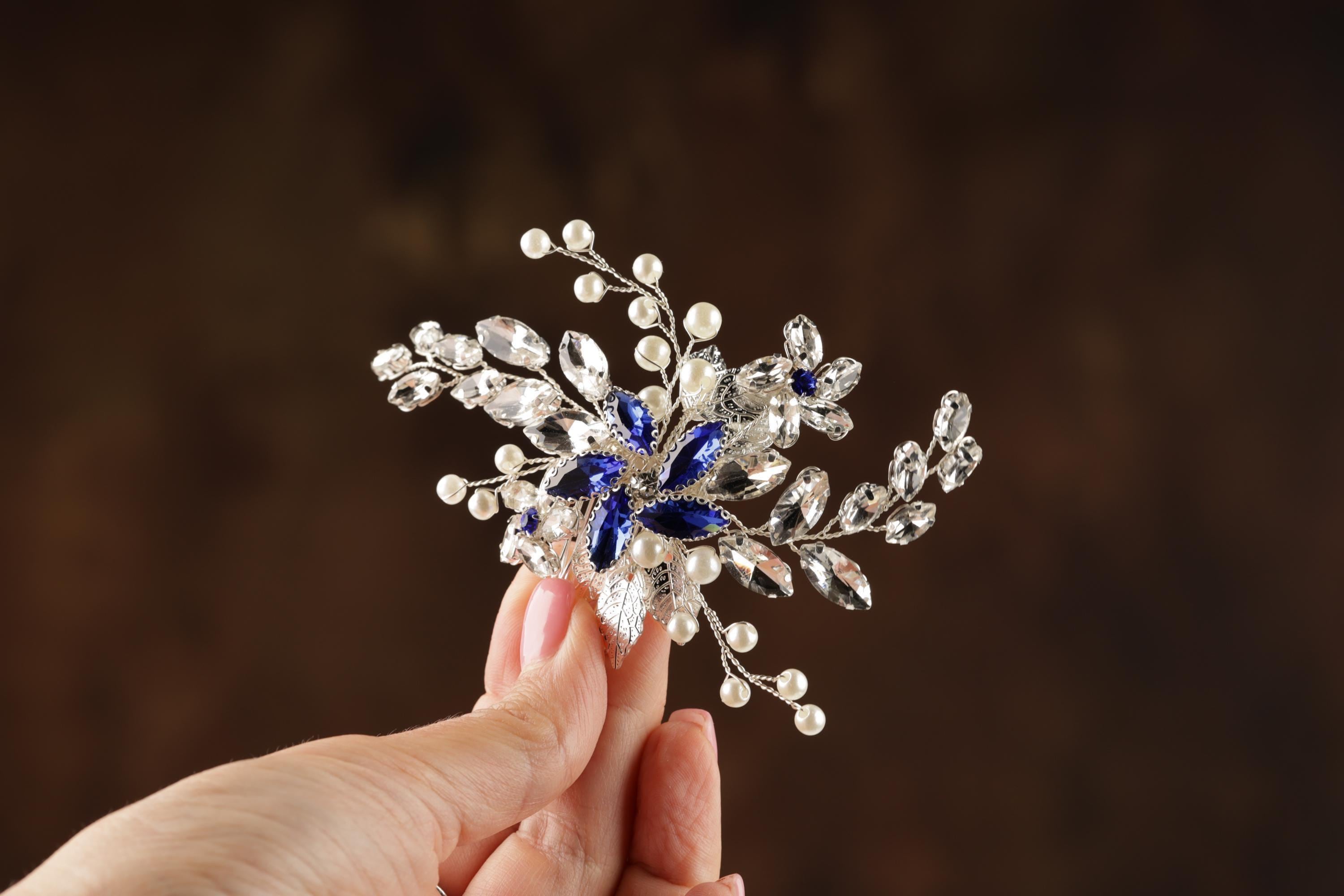 Blue Crystal Wedding Hair Comb, Silver Pearls & Rhinestone Bridal Hairpiece