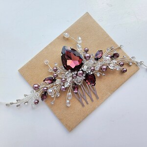 Handmade Burgundy Crystal Wedding Hair Comb: Bridal Hair Piece