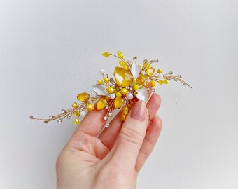 Yellow@White Crystal Bridal Hair Comb. Gold Wedding Hair Comb. Hair Comb for Wedding. Bridal Hair Piece. Hair Accessory VF-607