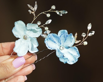 Blue Flower Wedding Hair Pins Set of 2, Bridal Hair Accessories, Something Blue Hairpiece
