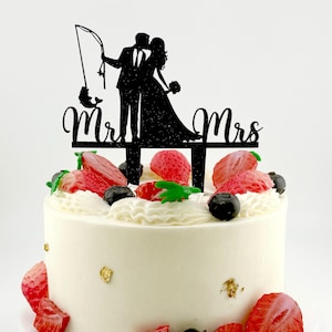 Topo de bolo de casamento com tema de pesca, Noivos com vara de pescar, Varas de pescar, Decoração com tema de pesca, Topo de bolo com tema de peixe T11