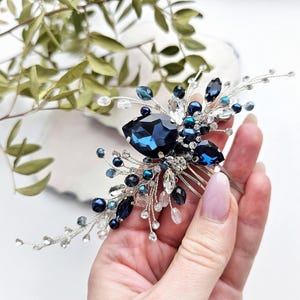 Navy Blue Crystal Wedding Hair Comb: Silver Bridal Hairpiece