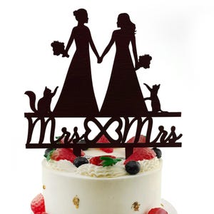 Mrs & Mrs Lesbian Wedding Cake Topper with Cats