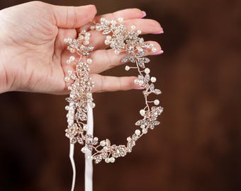 Bridal Pearl and Crystal Head Wreath: Wedding Hair Vine with Ribbon Tie