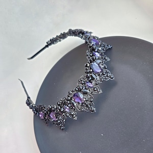 Purple & Black Crystal Gothic Bridal Crown: Handmade Wedding Tiara