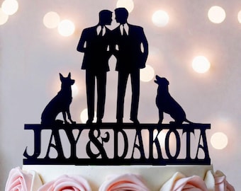 Gay Wedding Cake Topper: Two Grooms & Dogs