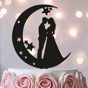Moon and Stars Wedding Cake Topper: Bride and Groom Silhouette