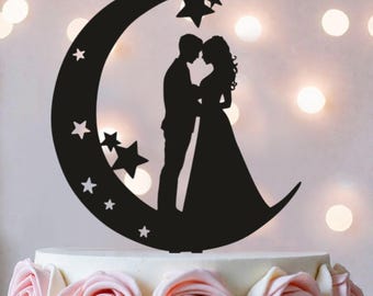 Moon and Stars Wedding Cake Topper: Bride and Groom Silhouette