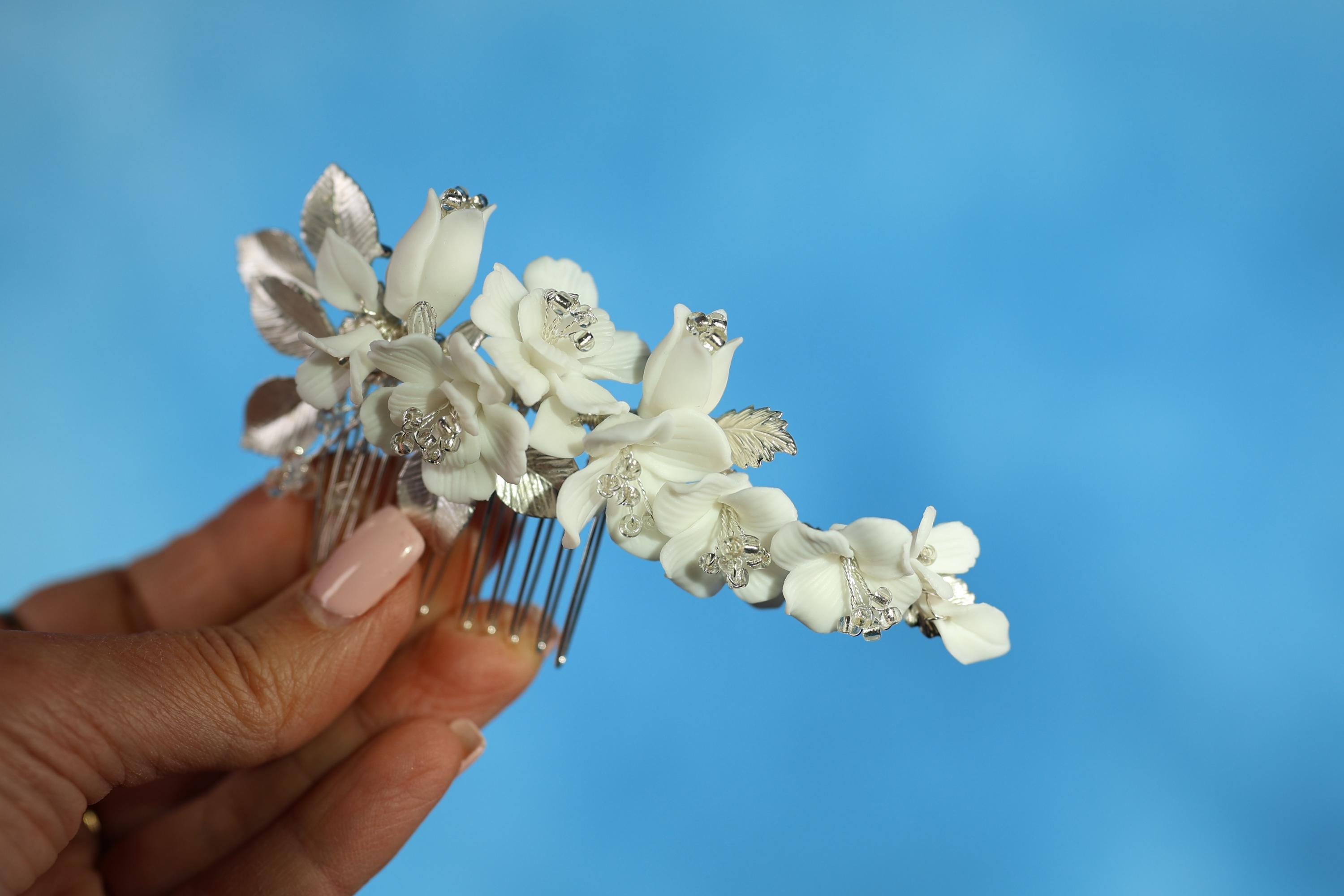 White and Silver Floral Hair Comb for Special Occasions Ceramic White flower Flowers Pearl Hair comb, Bridal Hair  main image 3