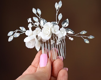 White Flower Bridal Comb, Silver Wedding Hair Accessory