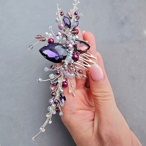 Handmade Burgundy Crystal Wedding Hair Comb: Purple Bridal Hair Piece