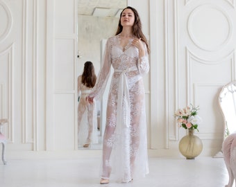 White Lace Bridal Robe, Satin Lingerie, Wedding Day Outfit