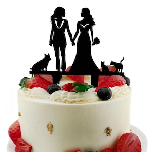 Lesbian Wedding Cake Topper: Bride and Bride with Cats & Dogs