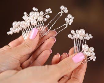 Pearl Or Rhinestones Bridal Hair Comb & Pin Set, Wedding Hair Accessories