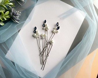 Navy Blue Crystal Pearl Bridal Hair Pins - Set of 5