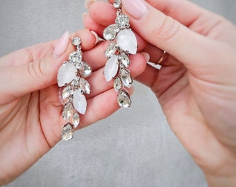 White opal crystal bridal earrings. Wedding jewelry. Boho bridal earring. Drop crystals earrings. Prom earrings VF-450
