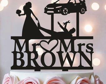 Funny Mechanic Wedding Cake Topper: Bride Dragging Groom with Car
