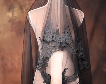 Black Lace Wedding Veil: 63 Inch Gothic Bridal Veil