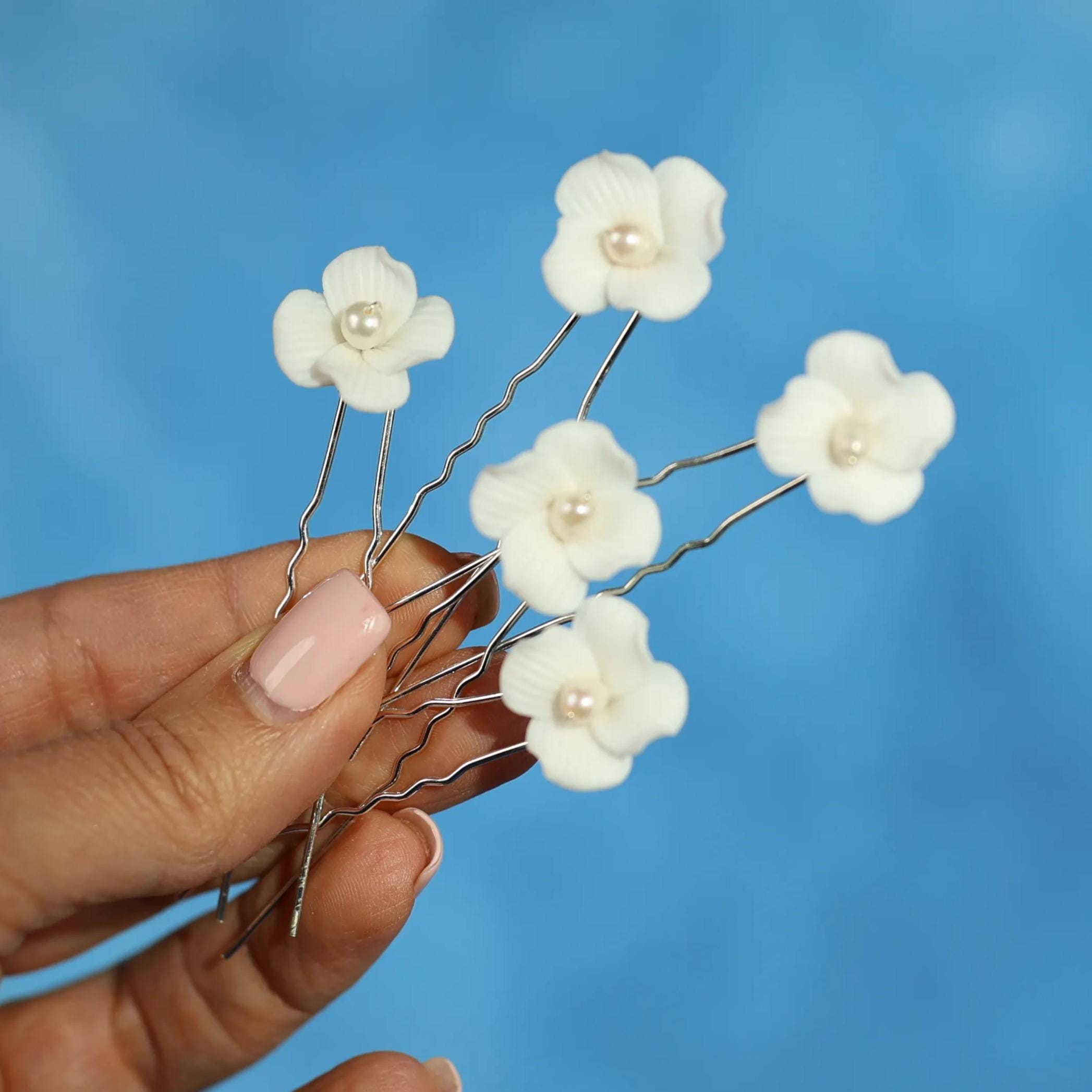 Porcelain Flower Bridal Hair Pins: White Pearl Wedding Hairpiece (Set of 6) Porcelain White Floral Set Of 6 Pearl Elegance Ensemble Hair  main image 3