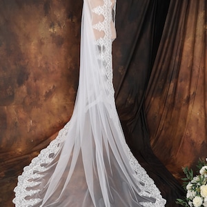Handmade Cathedral Wedding Veil: Long Floral Sequined Lace, Ivory or White