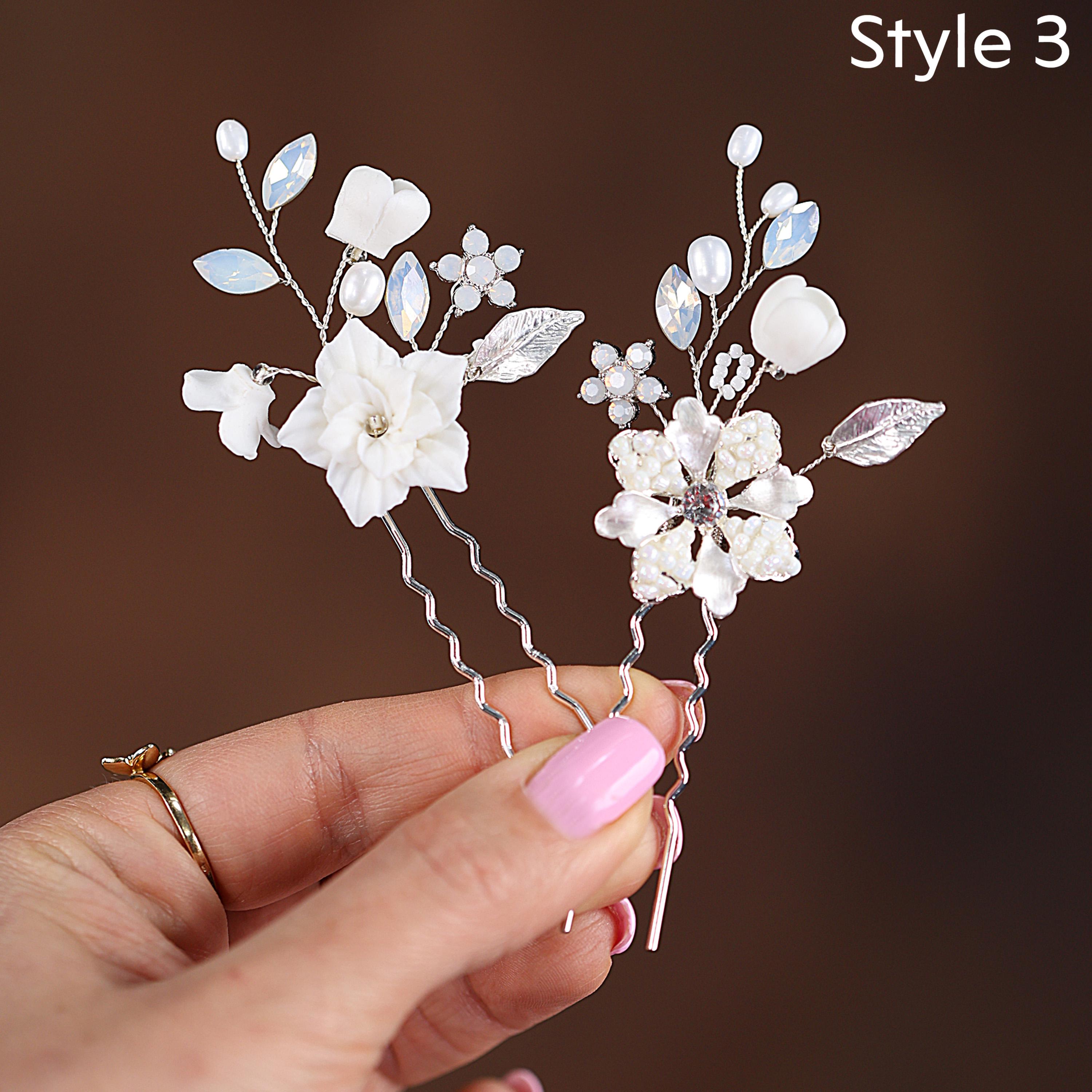 Porcelain Flower Bridal Hair Pins: White Pearl Wedding  display picture 1