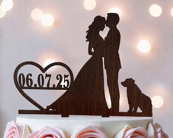 Wedding Cake Topper: Couple, Pets & Date Silhouette