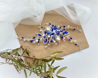 Silver Royal Blue Crystal Bridal Hair Comb. Pearl Wedding Hair Comb. Hair Comb for Wedding. Bridal Hair Piece. Hair Accessory VF-603