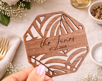 Posavasos personalizados para bodas: Recuerdos rústicos de madera octogonales