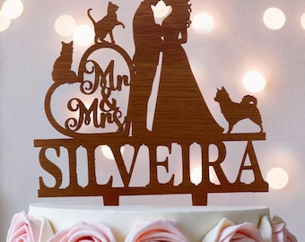 Wedding Cake Topper: Bride, Groom, Cat & Dog