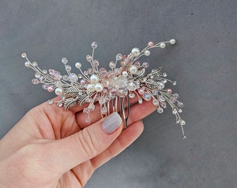 Silver Pink Crystal Bridal Hair Piece. Pearl Wedding Hair Comb. Wedding Hair Accessory. Hair Comb for Wedding VF-639