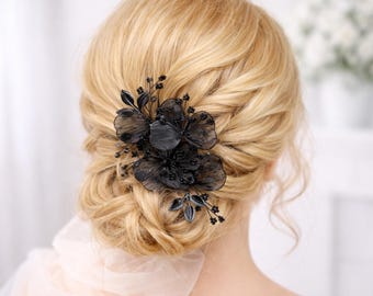 ハンドメイドの黒花ヘアコーム - ゴシックブライダルヘアピース