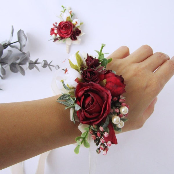 Red and white floral bracelet. Red rose bridal wrist corsage. Flower jewellery. Bridesmaid gift. Bracelet with ribbon VF-620