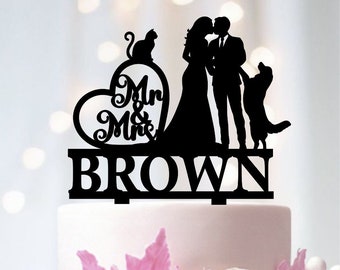 Couple Wedding Cake Topper with Cat, Bride And Groom Cake Topper With Dog, Mr And Mrs Cake Topper, Pet Cake Topper, Dog Wedding Cake Topper