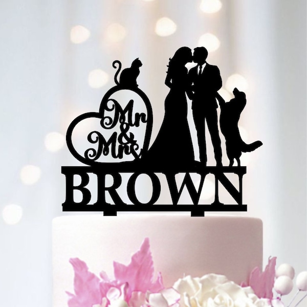 Couple Wedding Cake Topper with Cat, Bride And Groom Cake Topper With Dog, Mr And Mrs Cake Topper, Pet Cake Topper, Dog Wedding Cake Topper