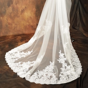 Handmade Ivory Cathedral Veil: Sequined Floral Lace, Long Bridal Veil (120 inches)
