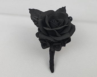 Black rose boutonniere, gothic wedding groom accessories, men floral buttonhole, jacket lapel pin, groomsman gift, flower prom brooch