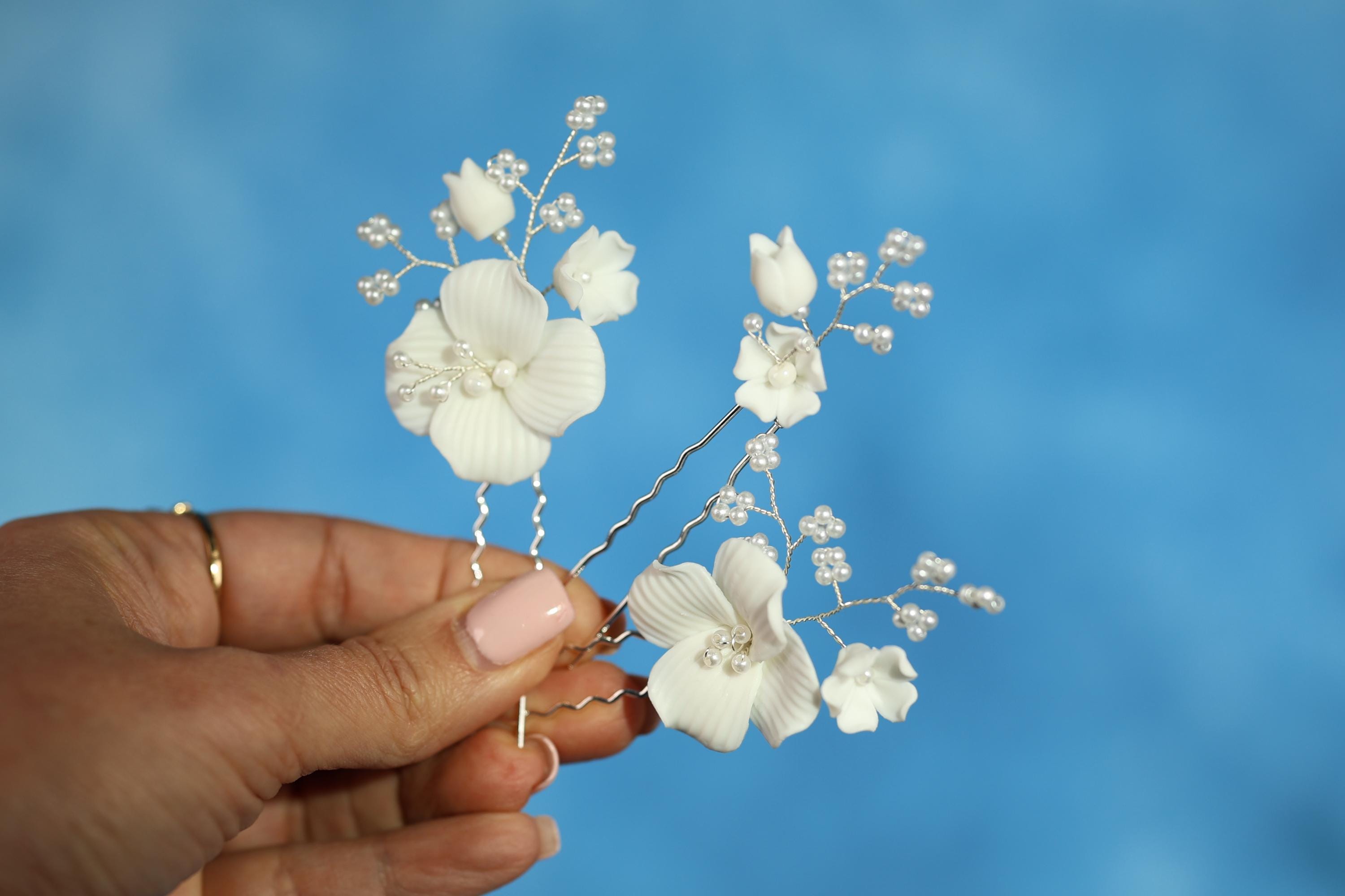 Mini pin On Flower Hat / Hair Pin Set Bridal hair pins, flower pins - Pearlescent sweet pea pin  main image 2