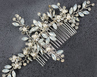 Opal crystal flowers bridal comb. Silver wedding hair comb. Bridal hair piece. Wedding hair jewelry. Prom comb SLcomb1049s