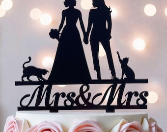 Custom Lesbian Wedding Cake Topper: Two Women & Cats, Mrs and Mrs