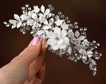 Vintage Style White Flower Bridal Comb, Silver Crystal Hair Jewelry