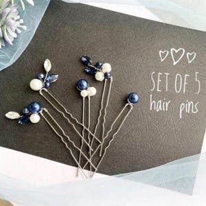 Set of 5 pearl blue bridal hair pins. Wedding Hair Pins. Crystal Hair Pins. Bridal Hairpins. Hair Pins for Wedding Something Blue VF-290