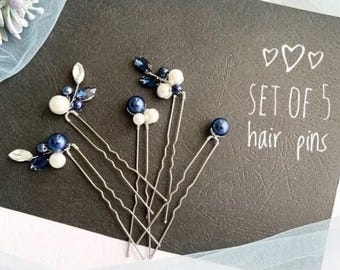 Pearl Blue Bridal Hair Pins Set of 5, Crystal Wedding Hairpiece, Something Blue Pins