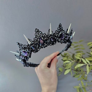 Gothic Bridal Crown: Purple & Black Crystal Spiked Tiara